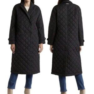 Rebecca Minkoff Long Quilted Duster Coat Black Double-Breast Size L Winter